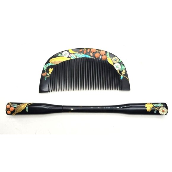 Japanese Floral Lacquer Hair Comb & Stick Set In Box Matsuzakaya Vintage JE311 - Picture 5 of 14